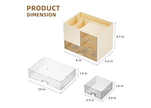 Image of Shuttle Art Pastel Beige Desk Organizer with 3 Drawers|Multi-Functional Stationery Organizer for Study Table, Office Desk, Makeup Storage & Work-from-Home Setups|Aesthetic Desktop Storage Box,Plastic