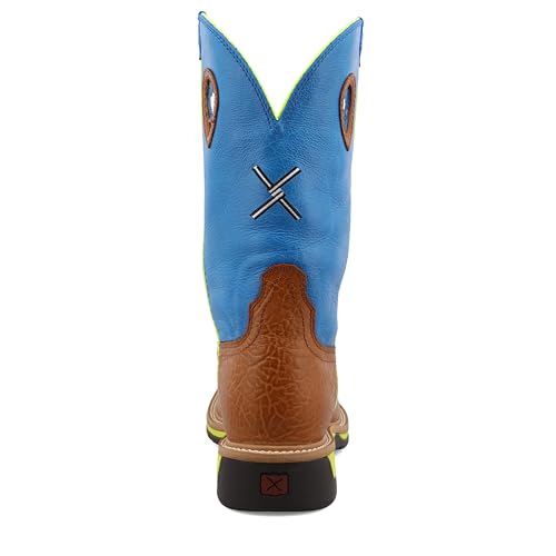 Twisted X Men's 12" Western Work Boot, Square Toe Steel Toe, Brown Oiled Shoulder & Neon Blue, 13 EE3