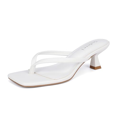 Goderci Kitten Flip Flop Thong Low Heels for Women Square Open Toe Slip On Heeled Sandals(8,White)