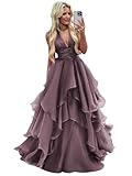 Monvelli Wisteria Sparkly Tulle Prom Dress Puffy Princess Ball Gown 2025 Tiered Pleated Halter Formal Dress for Women Party US Size 12