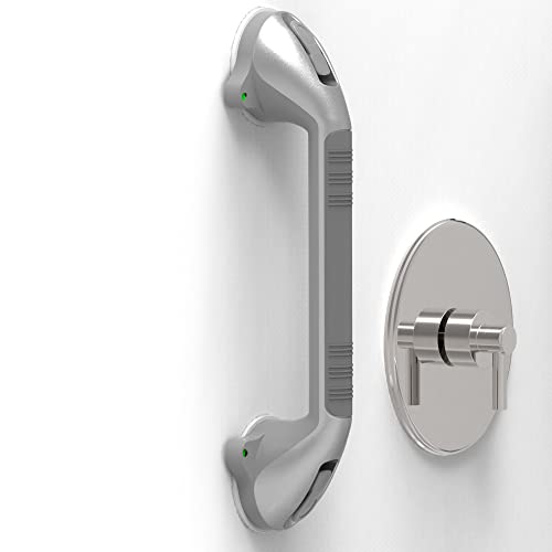 Safety+Beauty Suction Shower Grab Bar, Bath Tub Handle With Indicator, Anti-Slip Grip, Metallic Silver Dual Tone (Grey, 17 Inch) #TOP22