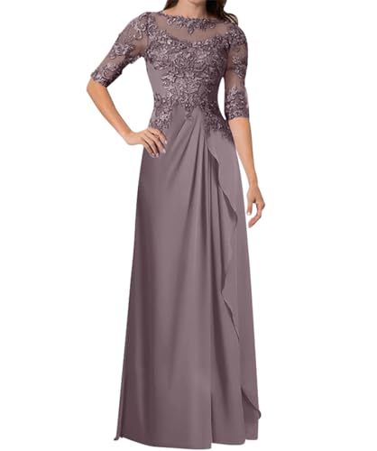 Women's Long Sleeves Mother of The Bride Dresses for Wedding Lace Appliques Chiffon Formal Evening Gowns
