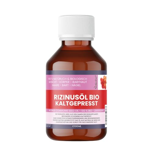 Aceite de ricino orgánico 100 ml – 100 % prensado en frío y puro – Para cabello, uñas, pestañas y piel – Vegano, sin aditivos Nakobe