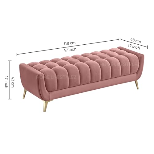 Image of Wooden 2 Seater Upholstered Bench Sofa | Hushkin Fabric Ottoman Bench & Footrest Stool | Modern Settee for Living Room, Bedroom & Office Entryway (Peach)