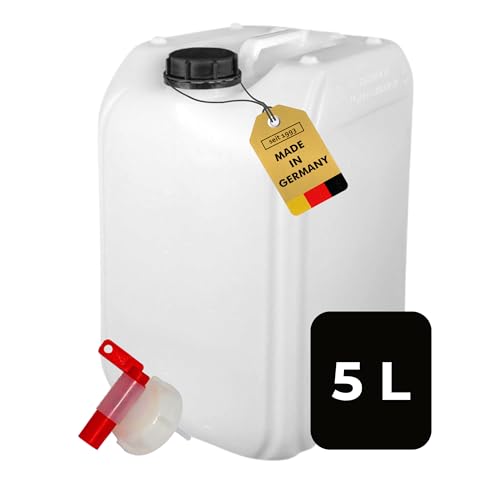 ABACUS® 5 Liter Wasserkanister Natur | Chemiekanister | Auslaufhahn und Deckel (DIN 51) | Lebensmittelecht | Indoor und Outdoor | BPA Frei | Säurefest | Mit Skala zum Ablesen des Füllstands