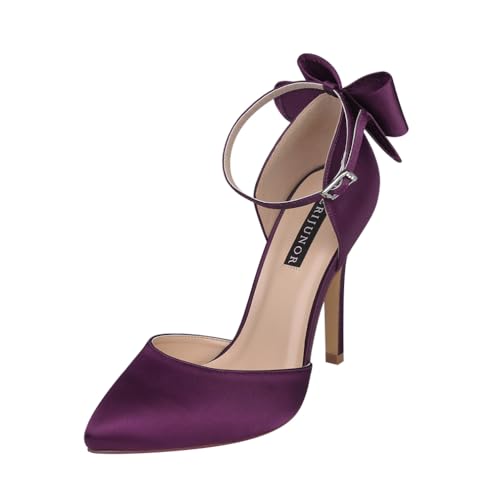 ERIJUNOR Women High Heel Bow Ankle Strap Evening Party Dance Wedding Satin Shoes