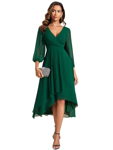 Image of Ever-Pretty Women's Chiffon V Neck Long Sleeves A-Line Midi Length Wedding Guest Dress Cocktail Party Formal Dresses 01926