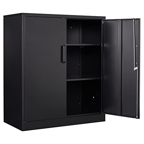 Yizosh Metal Garage Storage Cabinet with 2 Doors and 2 Adjustable Shelves - 35.5" Steel Lockable File Locking Counter Cabinet for Home Office,Gym,School（Black） Cover