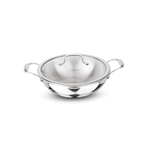 Image of Signoraware Artista Tri Ply Stainless Steel Shallow Kadhai 24cm with Glass Lid | Induction & Gas Compatible | Durable | Ideal for Stir Frying & Sauteing | Best for Curry & Gravies (2.5 LTR | Steel)