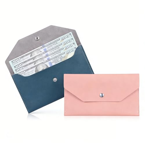 Cash Wallet Set 2 Pcs PU Leather Money Saving Wallets Reusable Cash Holder for Receipts Coins Billing and Budget Organisation Waterproof Cash Envelope Wallets for Women (Blue & Pink)