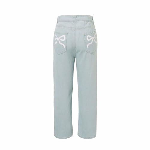 Girls Baggy Jeans Kids Y2K Streetwear Trendy High Waisted Straight Leg Denim Pants with Bowknot Embroidered Pockets3