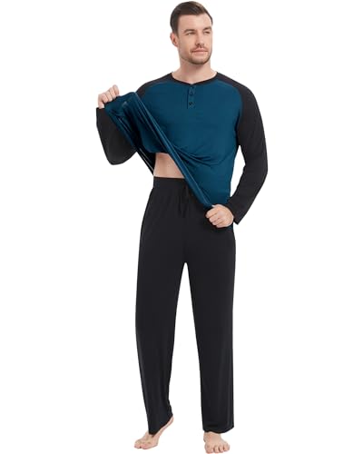 Image of NACHILA Mens Pajamas Set Viscose Made from Bamboo Henley Top Sleep Pants | Henley Top,Soft pants,Tagless Comfort,Moisture Wicking,Ultra silky, All season Loungewear Set, Jogger Sweatpant,Match set