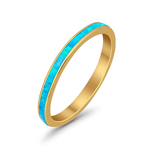 3mm Full Eternity Stackable Band Ring Yellow Tone Lab Created Light Blue Opal 925 Sterling Silver Size-10