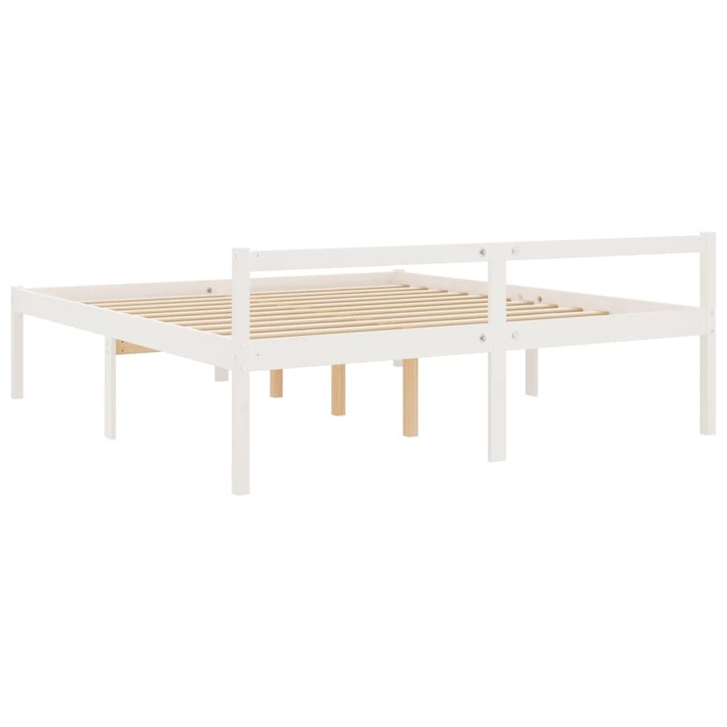 Lite drewno sosnowe wysokie łóżko dla seniora biały 200x200 cm | Łóżko dla seniora białe 200x200 cm lite drewno sosnowe rama z listwami duża przestrzeń do przechowywania