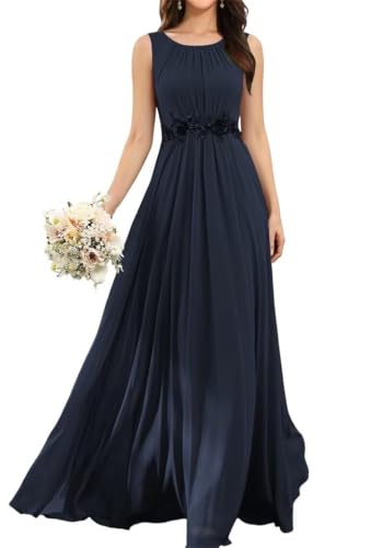Robe de demoiselle d'honneur bleu marine pour femme en mousseline col rond 40