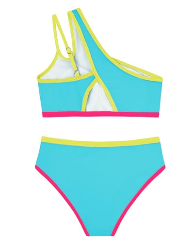 Image of Redair Girls Swimsuit Two Piece One Shoulder Bathing Suit with Chest Pad Color Block Bikini 7-16 Years