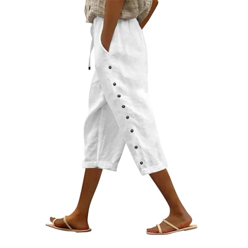 Linen Capri Pants for Women Striped Side Buttons Drawstring Capris Casual Comfy Baggy Beach Trousers Pant2