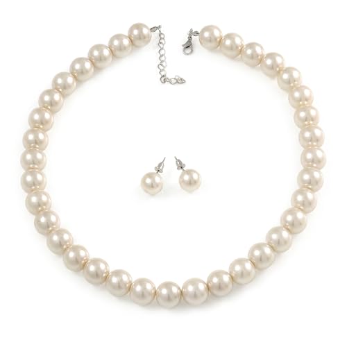 Juego de collar y pendientes de perlas crema de 13mm con cierre plateado y extension