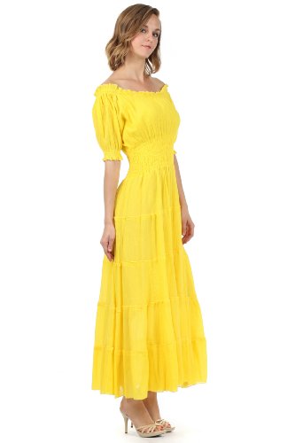 Image of Sakkas Cotton Crepe Smocked Peasant Gypsy Boho Renaissance Mid Length Dress