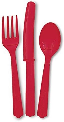 Miniatura 2 de Juego de cubiertos de plástico surtidos de color rojo manzana, (24 unidades), vajilla de alta calidad y colores llamativos, perfecta para fiestas y