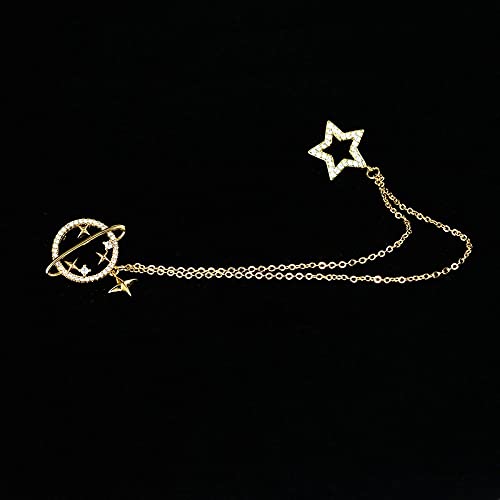 Brooch Fashion Planet Star Brooches Metal Chain Tassel Shirt Clip Coat Suit Lapel Pin Crystal Rhinestone Jewelry Corsage Accessories Bow Tie (Color : Silver) #TOP6