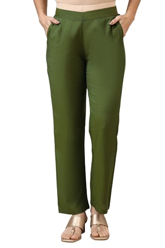 Image of Aurelia Women's Green Solid Modal Rayon Ankle Length Palazzos