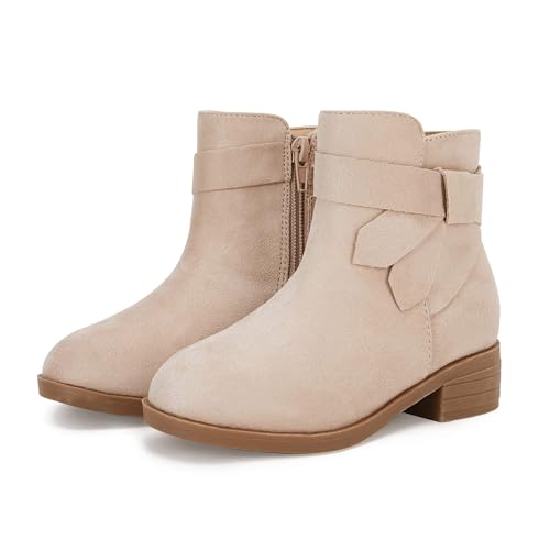 Piepiebuy Kids Girls Tie Knot Ankle Boots Chunky Low Block Heel Chelsea Dress Booties Winter Shoes With Zipper,Beige cover