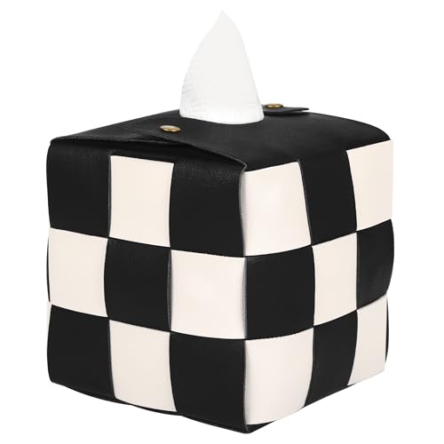 Tissue Box Cover,Modern PU Leather Square Checkered Tissue Holder,Stylish Design for Home,Office,Bathroom and Car Decoration (Black and Beige)