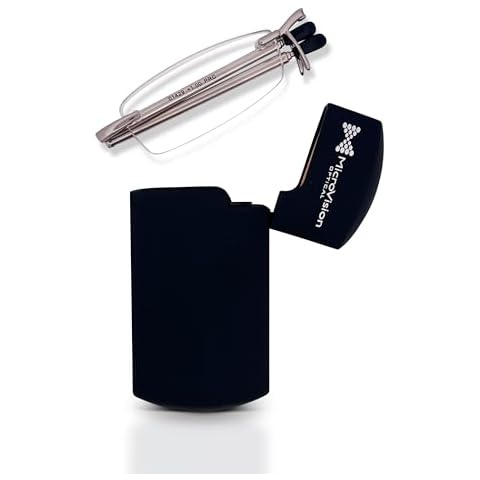 MicroVision Optical Executive Rimless Folding Reading Glasses With Compact Case For Women and Men, Slim, Lightweight Portable, Gunmetal, +1.00 Cover