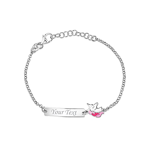 Image of UNICORNJ Sterling Silver 925 Engravable ID Bracelet Rolo Chain for Girls Heart with Pink Enamel 6.5 inch