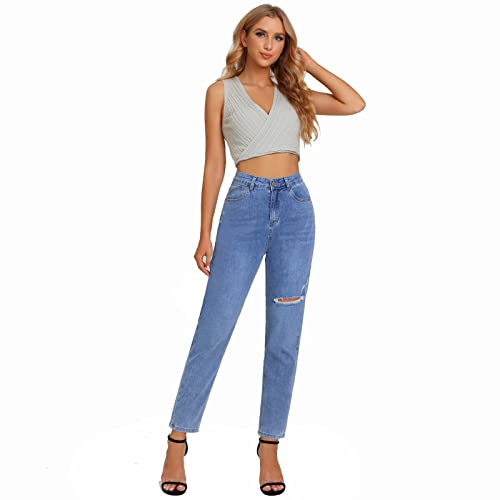 Happydecor Women's Stretch Slim Denim Trousers, Shredded Loose Jeans (As1, Alpha, S, Regular, Regular, Blue, Small) #TOP4