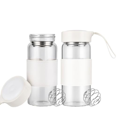 TELAIN Shaker Proteinshake jarras de vidrio para fitness, paquete de 2, 16 oz sin BPA, botella de shaker sin olor con bola de mezcla de acero inoxidable 304 y limpiador desmontable para batidos de