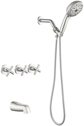 3 Handles Tub Shower Faucet Set with 10 Spray Handheld Shower 4.7 Inch Shower Handheld Shower Tub Kit Wall Mounted Shower System with Tub Spout Brushed Nickel Shower Fixtures Tub and Shower Trim Kit