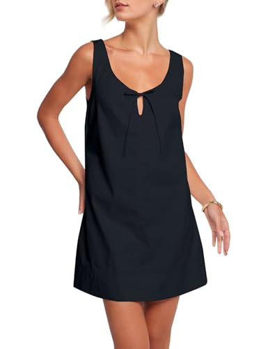 Image of MISSACTIVER Women's Sexy Scoop Neck Summer Mini Dress 2025 Sleeveless Tie Up Back Button Hollow Out Sundress with Pocket(Medium,Black)
