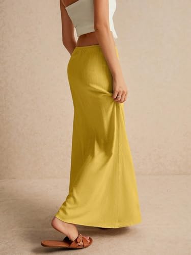 EARKOHA 2025 Women's Summer Maxi Skirt Drawstring Low Waist A Line Linen Long Flowy Skirts Yellow L4