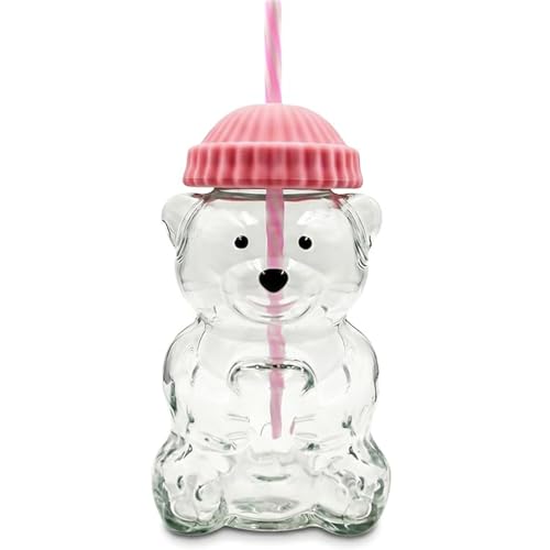 2025 New Bear Straw Cup, 20oz Glass Bear Cup with Reusable Straw for Smoothies, Boba & Iced Coffee (Pink)