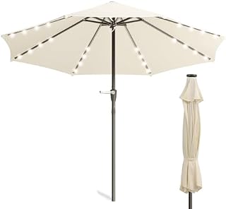 MoNiBloom 9 ft Umbrella for Outside, Solar LED Lighted Patio Umbrella with 8 Ribs Tilt and Crank Lift System Market Table Windproof Fixed Height Umbrella for Pool Deck Backyard, Beige