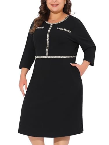 Agnes Orinda Plus Size Dresses for Women Crew Neck 3/4 Sleeve Vintage Wear to Work Office Cocktail Bodycon Pencil Dress2