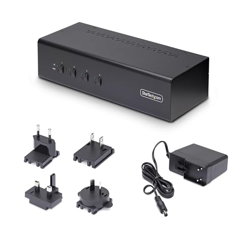 Image of StarTech 4-Port Dual DisplayPort KVM Switch, 4K 60Hz, USB 5Gbps, TAA, Hub | USB emulation, 2.0 HID, Hotkey, Push-Button, Compliant, Four computers, Combo keyboard mouse support, Audio