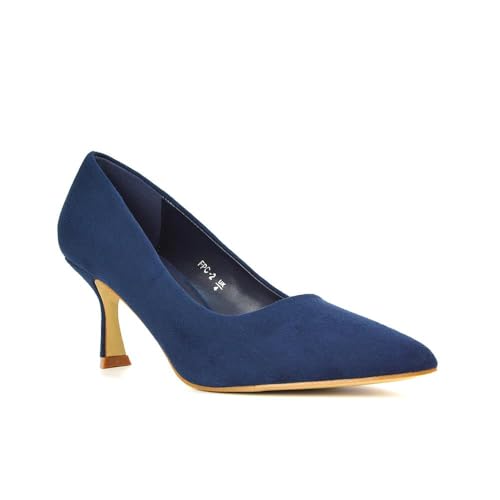 Women's Classic Pointed Toe Court Shoes Ladies Slip On Navy Faux Suede Stiletto Office Evening Formal Mid Heel Pumps 4