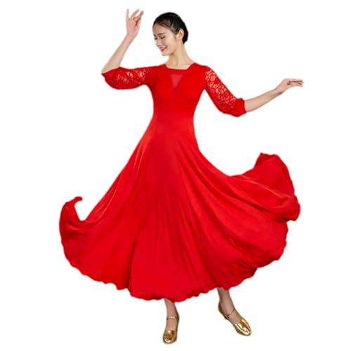 Yhsgscr Vestido De Práctica De Baile De Salón para Mujer Manga Tres Cuartos Estilo Foxtrot con Falda Larga Y Estilo Swing Traje De Entrenamiento para Tango Y Flamenco,Rojo,XL