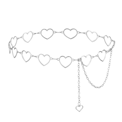 Chain Belts For Women Fashion Waist Chain Rhinestone Gold Belts Adjustable Metal Body Belly With Heart Design For Dress Jeans Bikini Jewelry Heart Waist Bikini Chains (silver)
