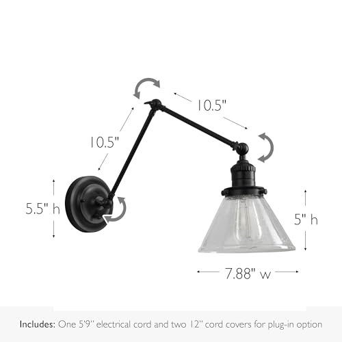 Image of Design House Augustin Wall Sconce, 1-Light, 3-Point Swing Arm, Seeded Glass Glow, Hardwire /Plug-in Easy Installation, On /Off Backplate, E26 Socket, Black, 7.9 in L x 17.3 in W x 38.6 in H, 589077-BLK | Adjustable Swing Arm, Adjustable, Wall Mount, Contemporary /Modern, Steel, Lighting, 589077-BLK