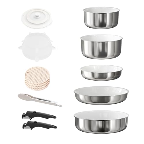 RIOVARM Acero inoxidable Juego de ollas y sartenes Inducción con asas Desmontables, Cerámica Antiadherente Apilable Sartenes y ollas con Tapas, Apto para hornos, Apto para lavavajillas, Sin PFOA