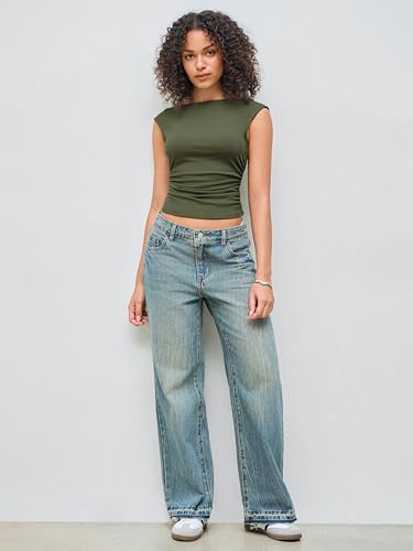 Image of CIDER Boat Neck Tops for Women Sleeveless Ruched Crop Tank Tops | Slim Fit, Trendy Summer Outfits, Casual Tee Shirt