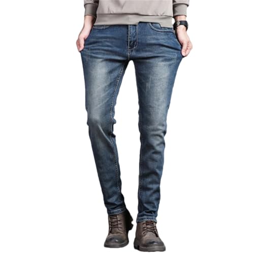 Men Streetwear Long Slim Denim Pant Skinny Mid Waist Slight Elastic Trousers Blue 38