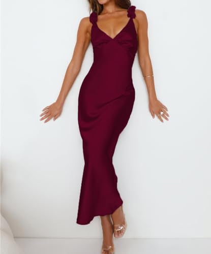 Image of Phicia Summer Satin Spaghetti Strap V Neck Midi Dresses for Women Wedding Guest Elegant Flower Backless Cocktail Formal Dress