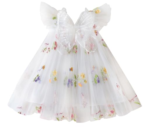 KEOYA Summer Baby Princess Skirt Lace Mesh Girls' Flowy Dress Tutu Skirt Dress Elegant Wedding Dress Tulle Floral Dress White 1-2T
