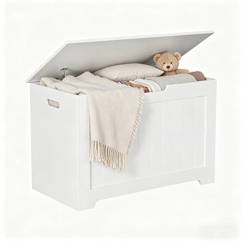 Epetlover Storage Chest with Flip-top Lid, Large Wood Trunk Bench with Safety Hinge, Bedroom Living Room Clothes Blanket Organizer Bin with 100L Storage Area, White