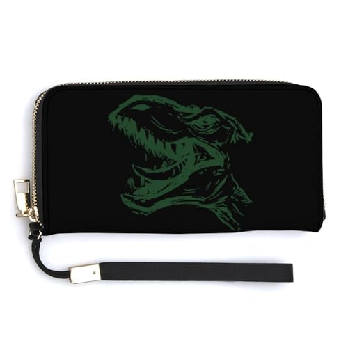 Dinosaur Head Leather Wallet Fashion Bifold Purse Long Pouch with Wrist Strap for Men Women